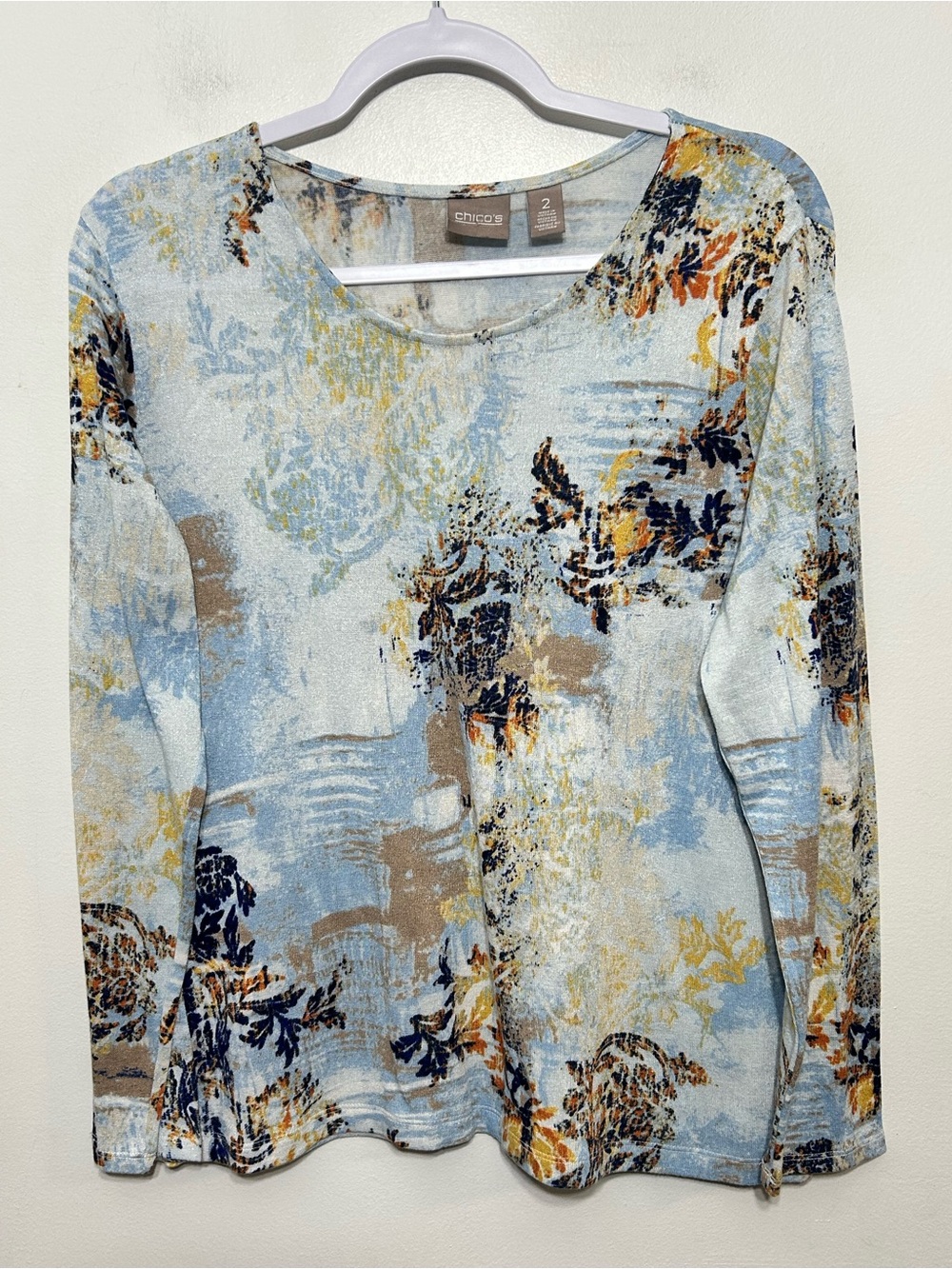 Chicos Abstract Floral Brushstroke Fine Knit Sweater Top Womens Size 12